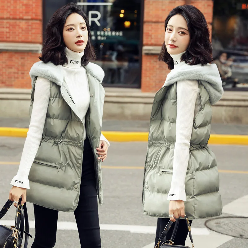 

Cotton Vest Women's Mid-length 2019 Winter down Feather Cotton Vest Coat Large Size down Coat Waistcoat Lace-up Slim Fit Slimmin