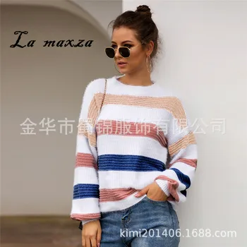 

Oversized 2019 Winter Long Sleeve Patchwork Sweater Casual Striped Knitted Pullover for Women
