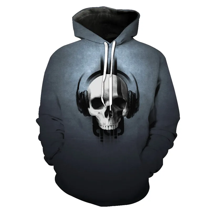 

ConMotion Casual Grey Hoodie Music Headphone Skull Print Men's Hooded Pullover US SIZE