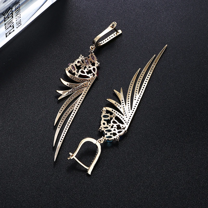 11.11 Luxury Feather Earrings Cubic Zirconia Long Earrings Copper Metal Rhodium Platting Women Wedding Party Jewelry XIUMEIYIZU