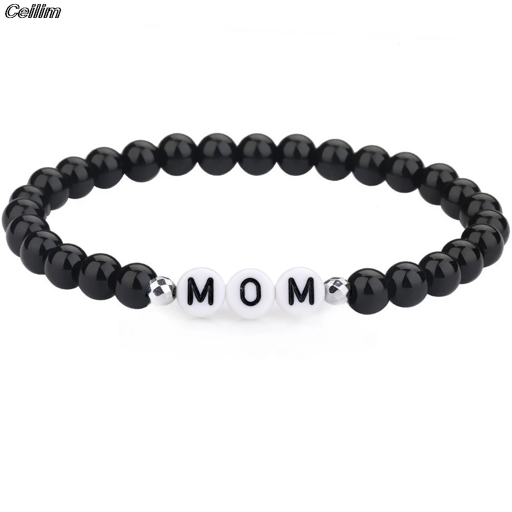 Initial Letter MAMA Black Beads Bracelet MOM Beaded Bangles For Women 2021 Mother's Day Gifts Bracelets Fashion Family Jewelry