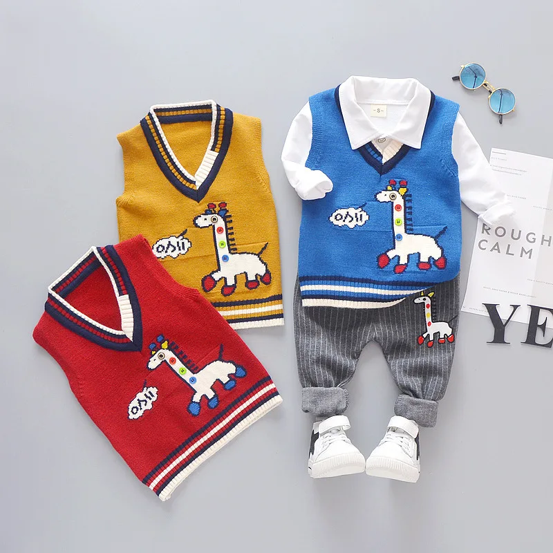 

2019 New Style Korean-style Cotton Children of Clothes Cartoon Male Baby Sweater Waistcoat Shirt Three-piece Set