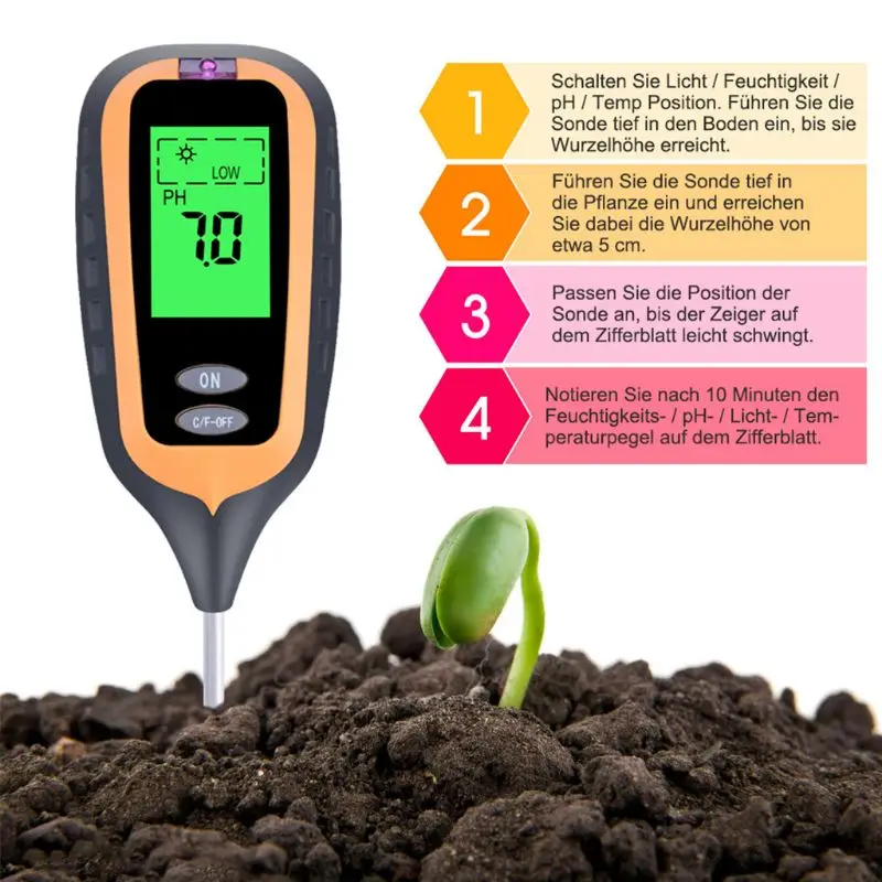 

New 4 IN 1 Digital Soil Moisture Meter PH Meter Temperature Sunlight Tester