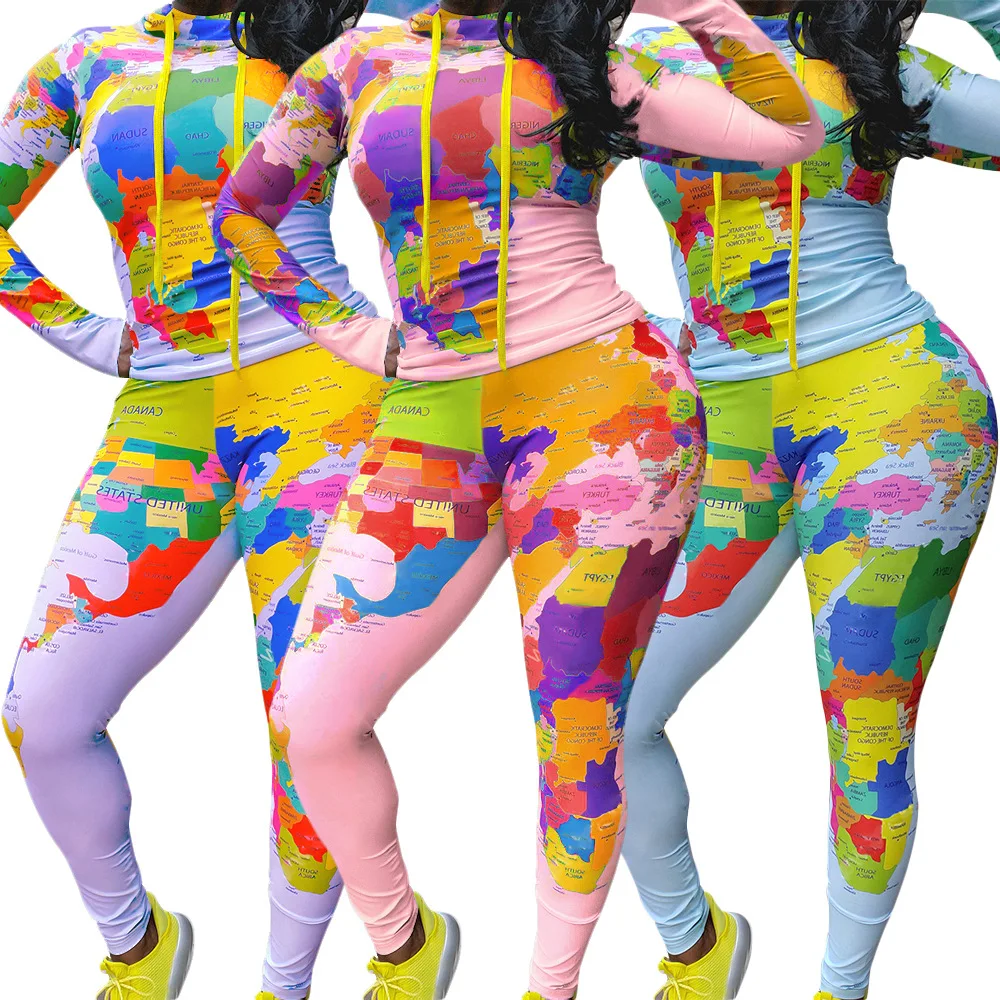 

Map Letter Print Sweatsuit Women's Set Hoodied Tops Legging Pants Set Tracksuit Matching Two Piece Fitness Outfit Set