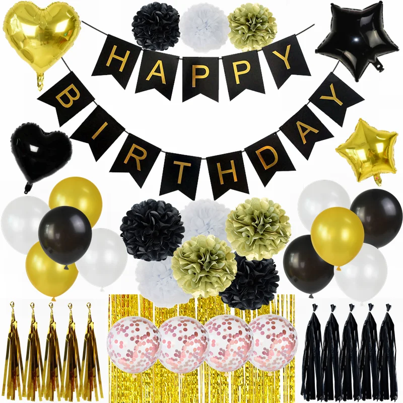 Joyeux Anniversaire Banniere Ballon Or Noir Anniversaire Lettre Banniere Anniversaire Fete Suspendus Decoration Bebe Douche Ballon Fournitures Aliexpress