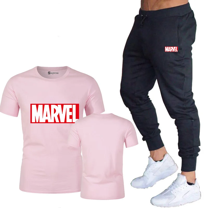 Новинка, Мужская футболка с надписью Marvel, футболка с коротким рукавом, Мужские штаны, летняя брендовая одежда, топы, набор