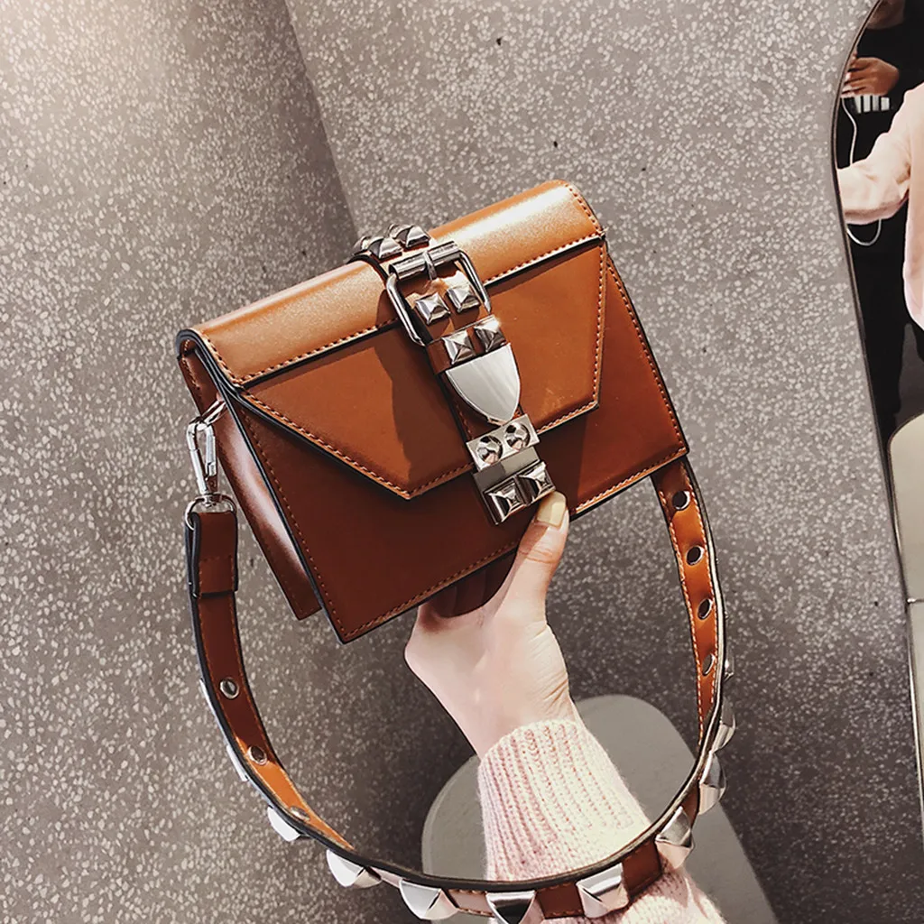 Модная цветная дизайнерская женская сумка из искусственной кожи с заклепками, модная металлическая сумка на одно плечо, маленькая квадратная сумка# YJG