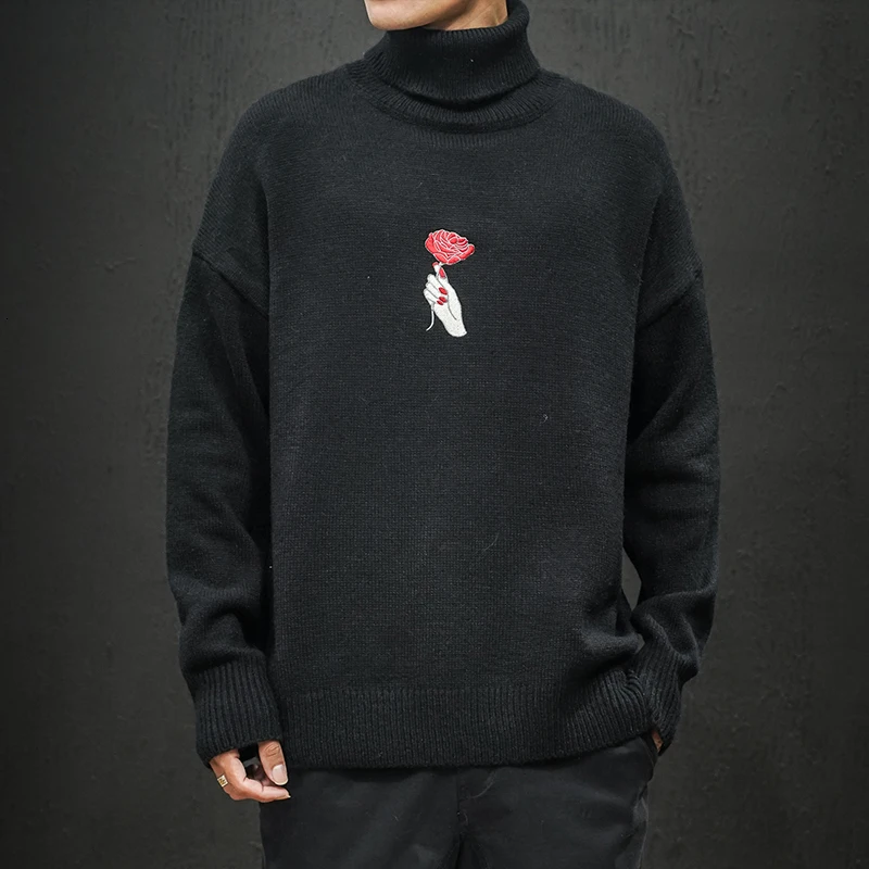 YUECHE Autumn And Winter Men's New Plant Pattern Embroidery Turtleneck Sweater Loose Large Size Coarse Wool M-5XL