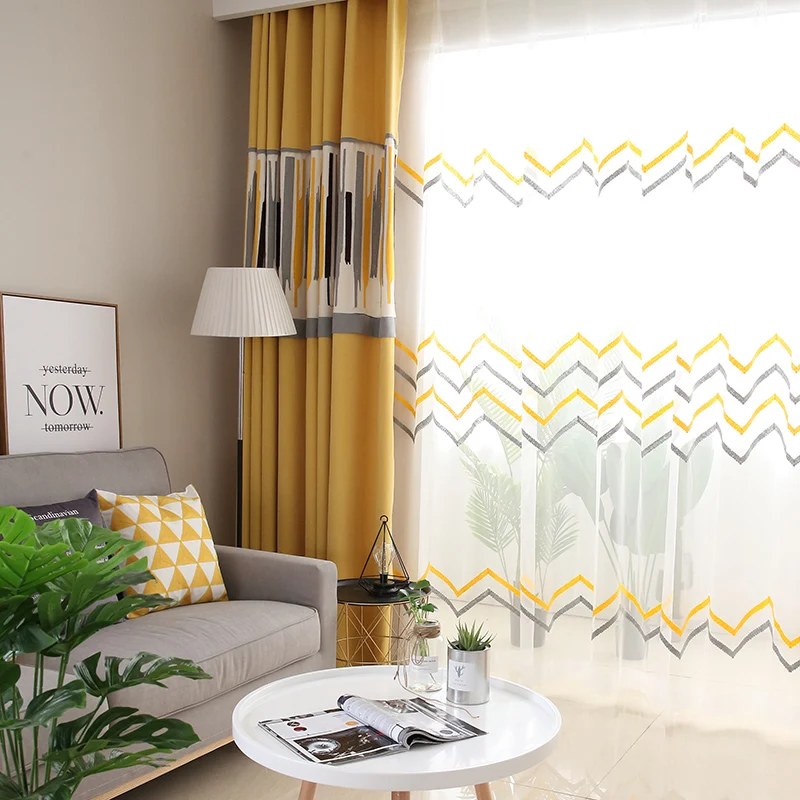 Шторы из хлопка и льна для гостиной серые желтые с геометрическим