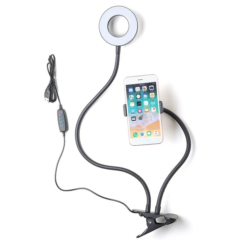 사진 Led 램프 유연한 긴 팔 조절식 핸드폰 홀더, 24 LED 링 필 라이트 지원 USB 전화 클립