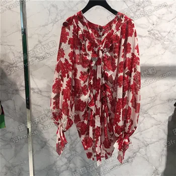 

18 Bow Printing Long Sleeve Lotus Leaf Edge Shirt 17091kred22 83129