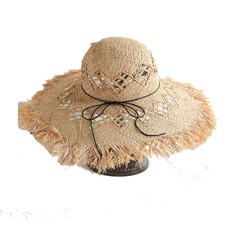 

H7785 Lady Width Brim Straw Raffia Hats Women's Beach Large Brimmed Sun Caps Sunbonnet Travel Seaside Summer Hat Straw Caps