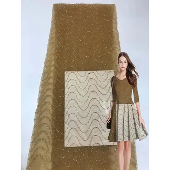 

2020 High Quality Lace Embroidery French Mesh With Beads Nigerian Lace Fabrics Material Latest Peach African Lace Fabric