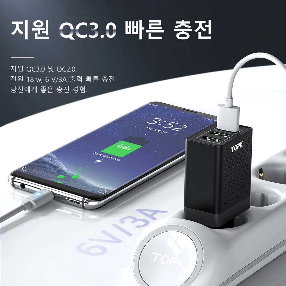 Быстрое зарядное устройство TOPK B354Q 3 порта 30 Вт USB 0 для iPhone Xiaomi Samsung QC3.0 настенное