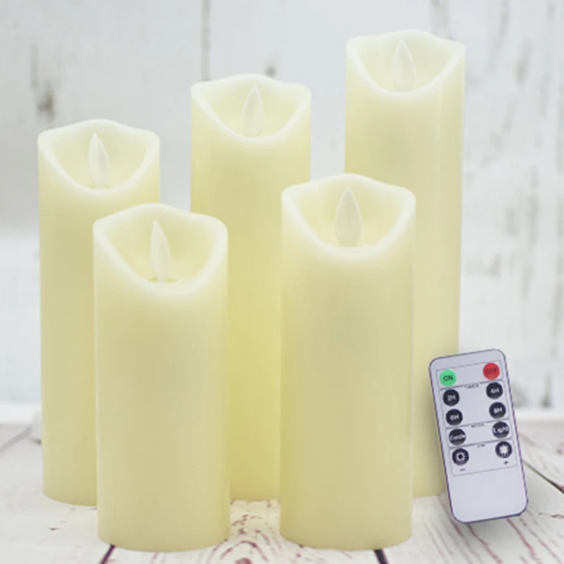 

Flameless Candles LED Candles Realistic Moving Set Of 5 Ivory Battery Candles Real Wax Pillar with 10-Key Remote Control Timer-