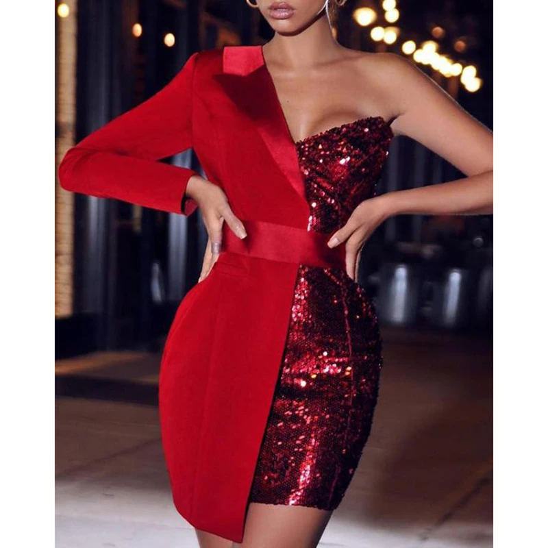 

Women Sequined Patchwork Sey Dress One Shoulder Sequin Patchwork Party Dress