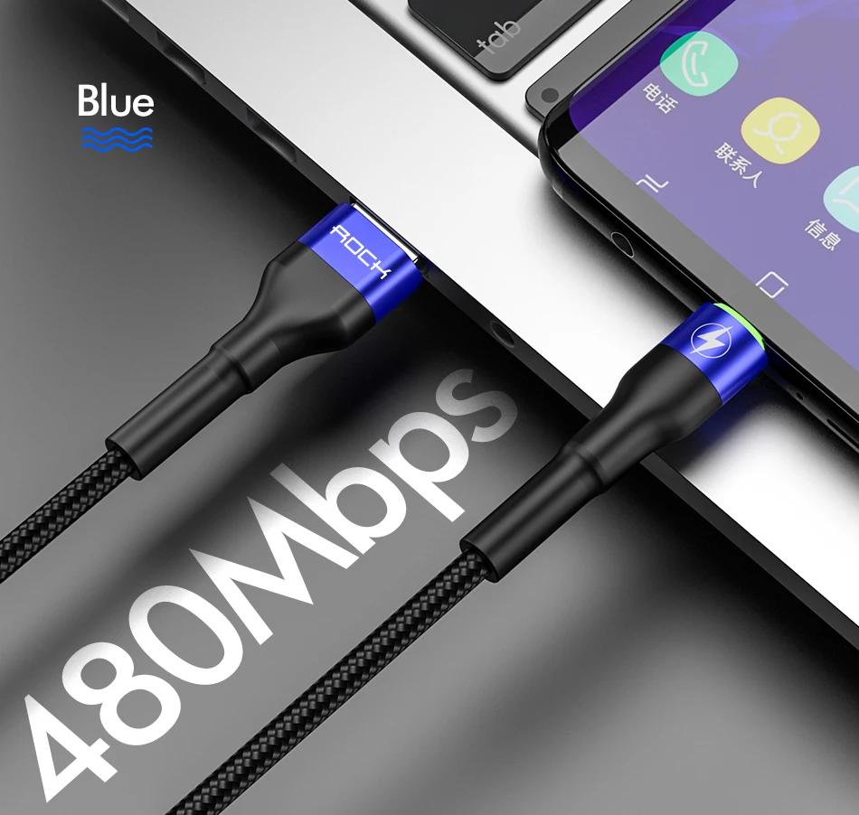 ROCK 5A Metal Led Light USB Type C Cable For Xiaomi Redmi Samsung OnePlus Huawei Mate 20 Pro Fast Charging Data USB C Quick 3.0