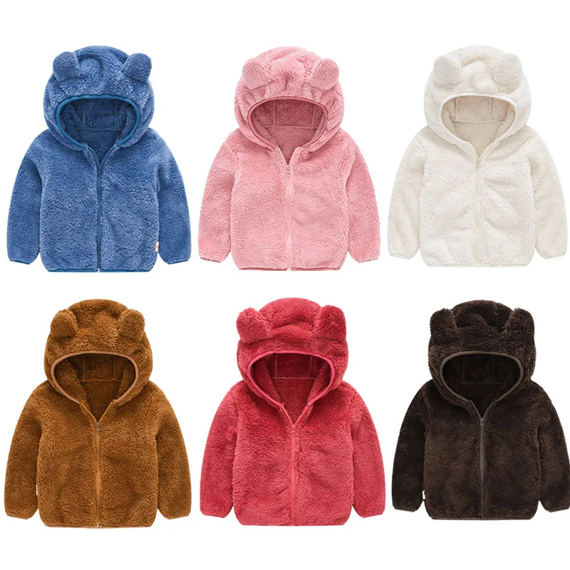 Детские пальто с искусственным мехом Новая модная куртка с капюшоном с милыми ушками медведя для мальчиков и девочек, мягкая верхняя