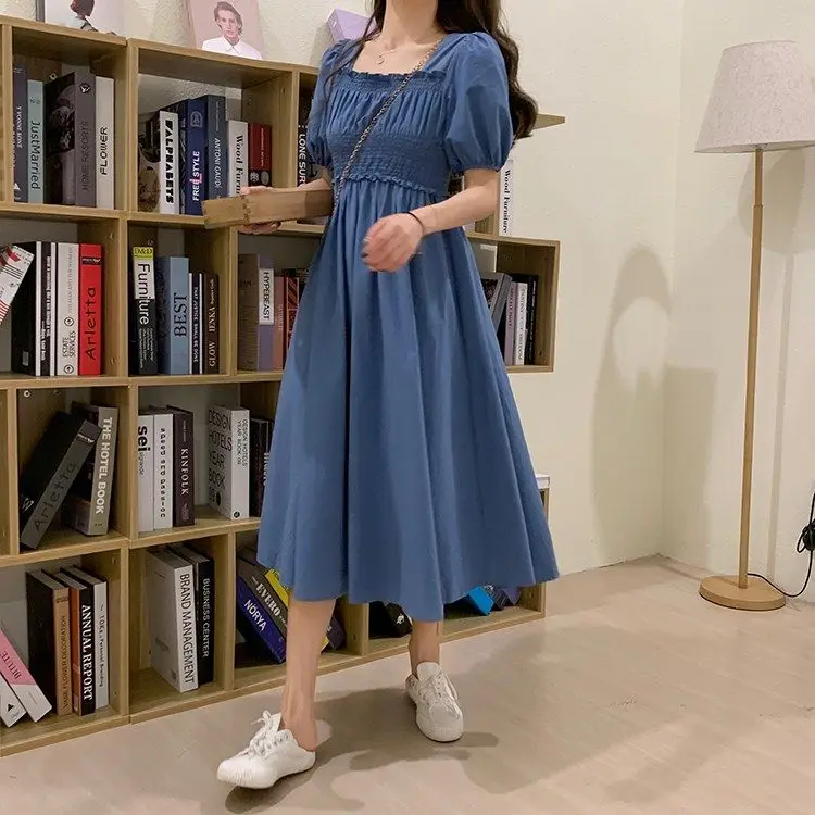 Short Puff Sleeve Dress Women Square Collar Pleated Ruffles High Waist Chic Sweet French Style Elegant Female Ulzzang Solid New sun dresses