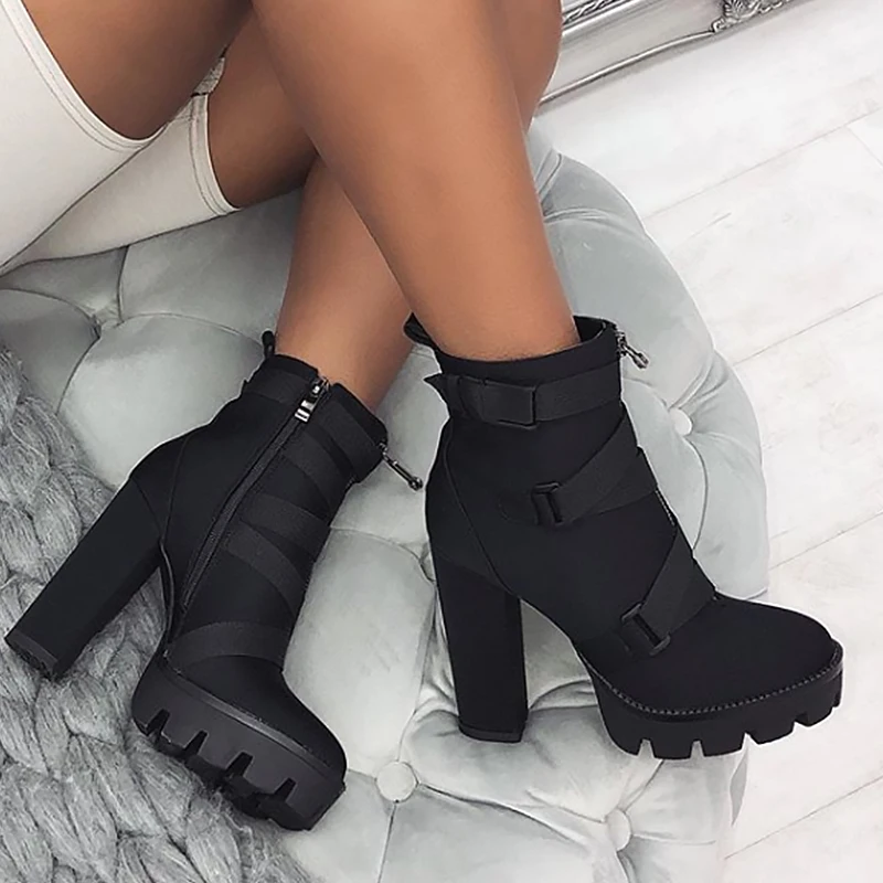 

2020 Fashion Women's Heel Boots Spring Autumn Platform Boots Women High Heels Thick Heel Platform Boots Black Plus Size 36-46
