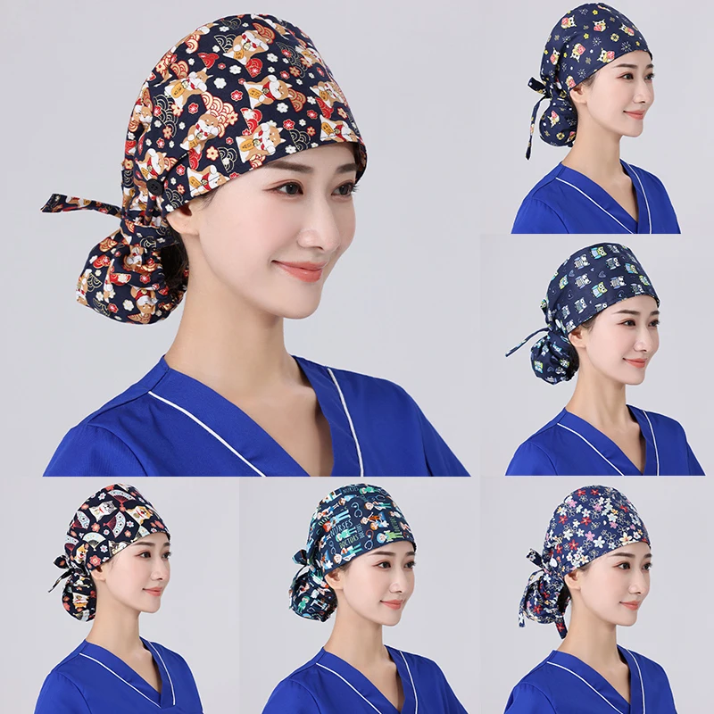 Buttons Sweatband Tie Back Scrub Cap 