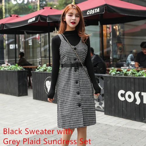 Sweater Sundress Set Осенне-зимний женский сарафан без рукавов в стиле ретро, шерстяной сарафан в клетку, Женские винтажные вечерние платья, Свободные повседневные комплекты свитеров - Цвет: Sweater Sundress Set