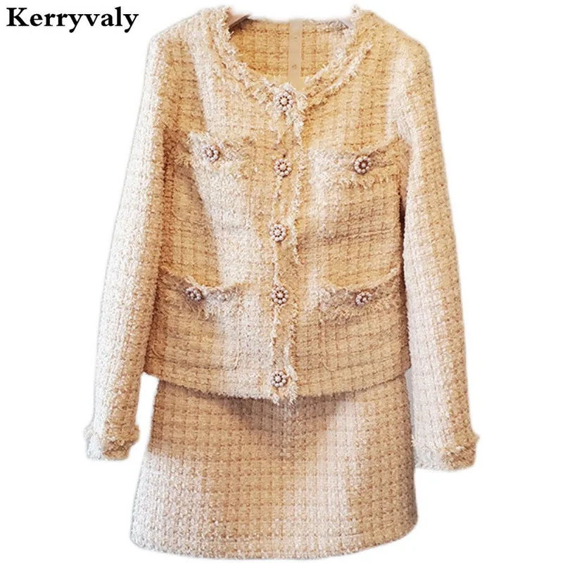 

High-end Autumn French 2 Piece Sets Womens Outfits Long Sleeves Beige Jacket + Short Mini Skirt Suit Clothes for Women K3008