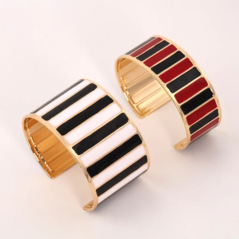

Piano key enamel opening brass metal open bracelet plated gold Geometric Patterned epoxy ethnic style women cuff bracelet
