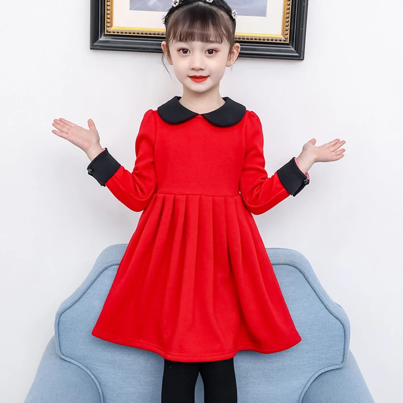 Детское вельветовое платье с длинными рукавами Классические Теплые красные плиссированные платья принцессы на Рождество и год повседневные платья для школьников от 2 до 10 лет - Цвет: Red