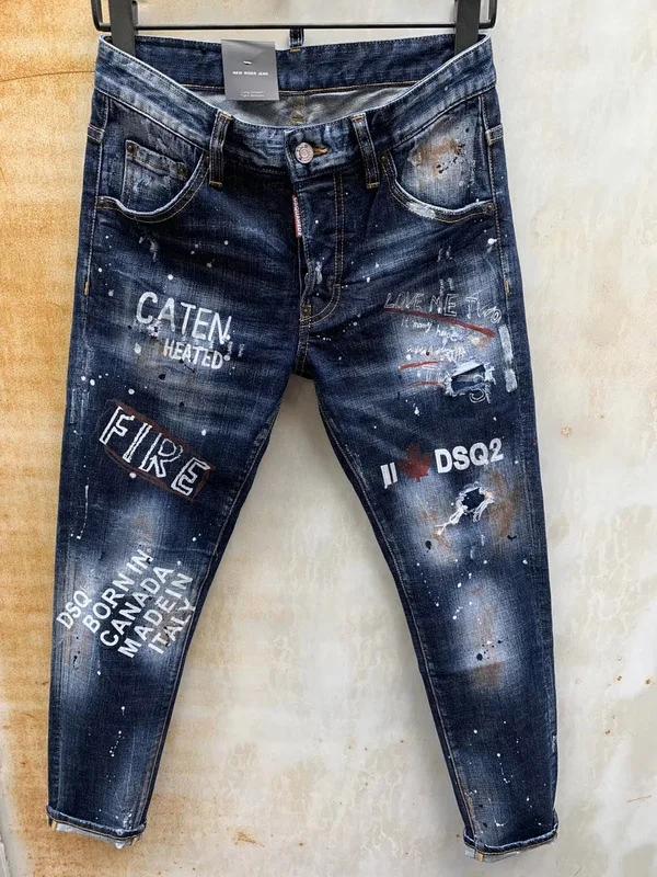 DSQPLEIND2 Dsq мужские джинсы с принтом и дырками, повседневные облегающие джинсы для мужчин, хлопок, пуговица, молния, высокое качество - Цвет: 963