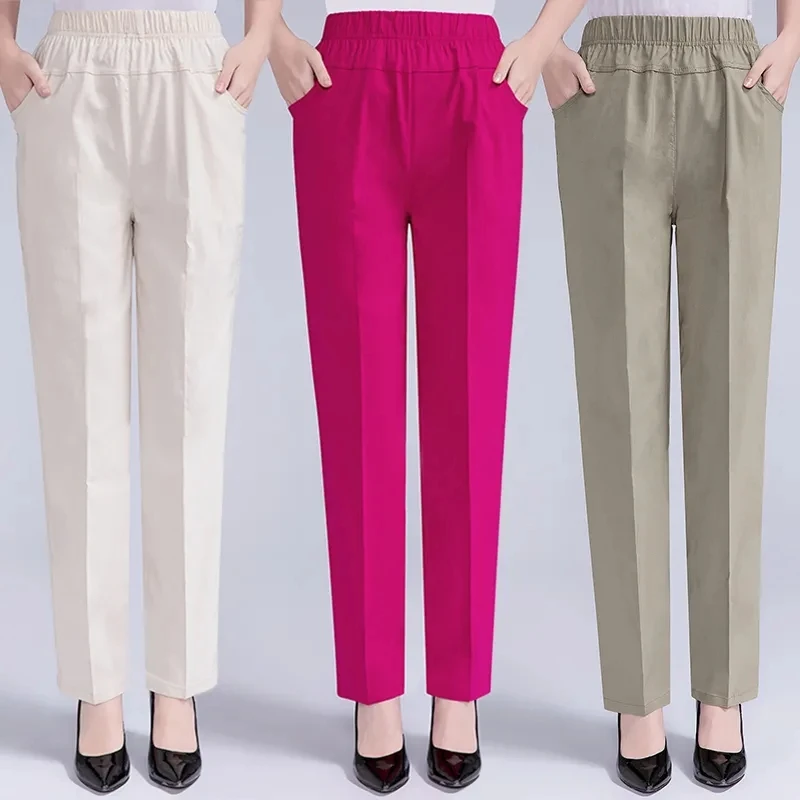 5XL 6XL 7XL Summer Women Trousers New Elastic High Waist White Straight Pants Middle-aged and Older Female Casual Long | Женская одежда