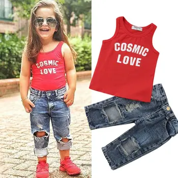 

Newest Arrival Cute Toddler Baby Girl Letter Vest Tops+Denim Ripped Pants Jeans Summer Clothes Outfits Set 0-4Y