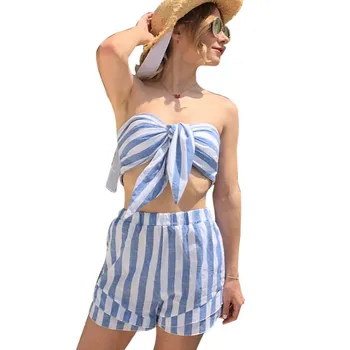 

2020 Summer Beach Women Two Piece Suit Set Sexy Self-tie Bow Crop Top and Short Pants 2 Piece Set Casual Striped Women Clothing