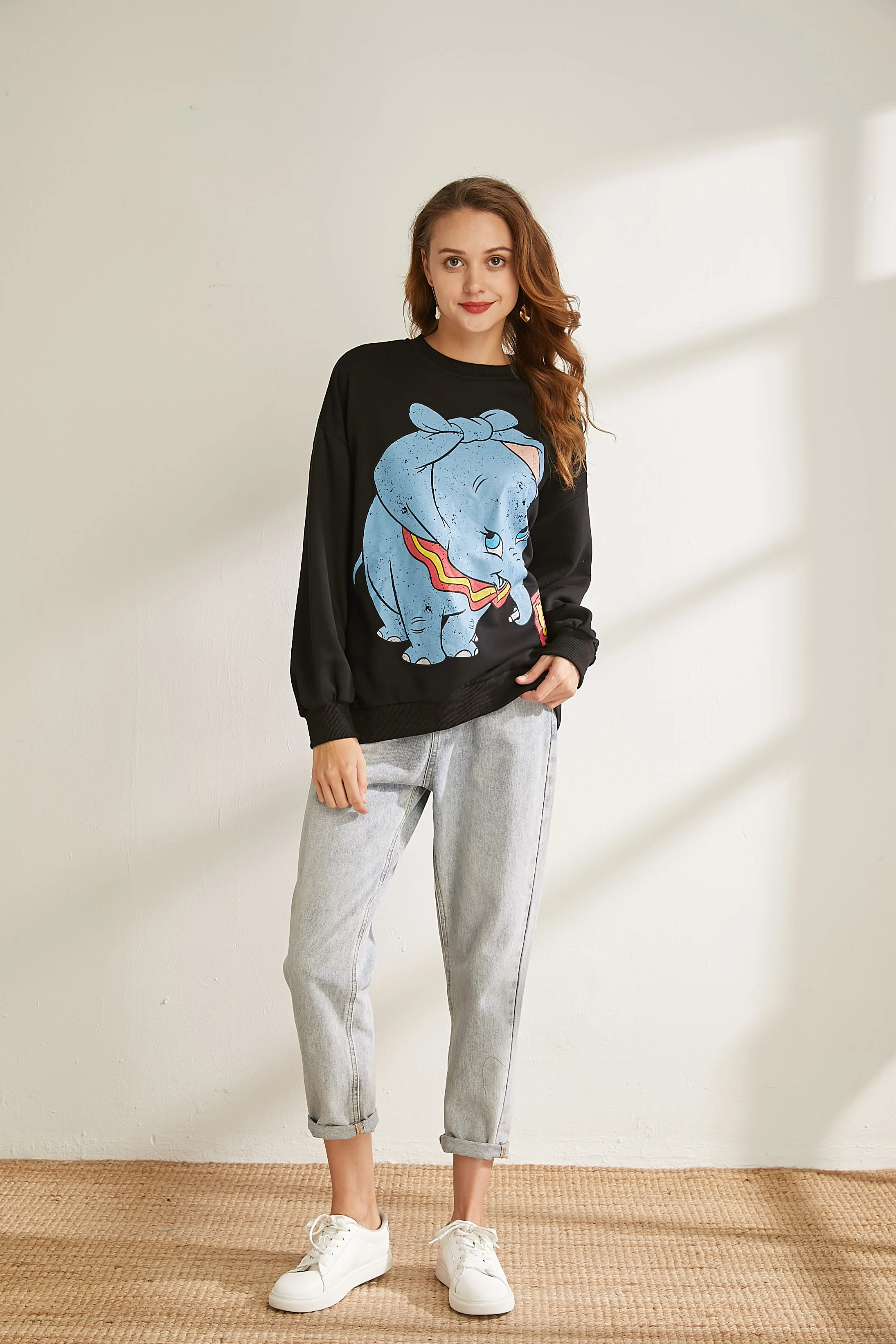 Dumbo Sweatshirt women clothing carton Elephant print autumn streetwear fashion o neck long sleeve oversize Black pullover