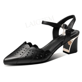 

BERZIMER Women Sandals Genuine Leather Buckle Strap 5.5cm Mid Heels Ladies Cut Out Office Concise Sandals Summer 2020 Size 38 42