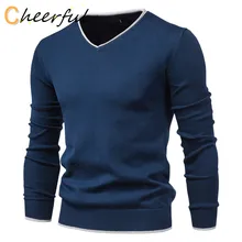 

Men Autumn New Sweater V-neck Pullovers Fashion 100% Cotton Solid Color Long Sleeve Slim Sweaters Men Navy Knitwear