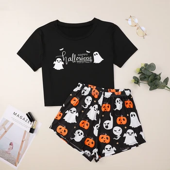 

Women's 2 Pcs Halloween Homewear Sets Pumpkin Ghost Printed Short Sleeve T-shirt + Short Pant Casual Pajamas nightwear