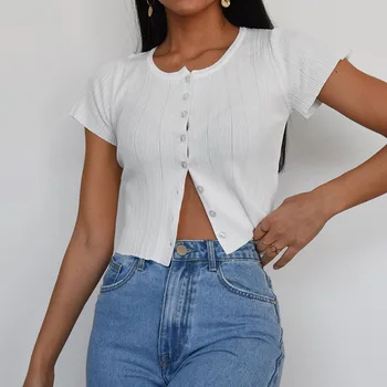 

Lofia Roupas Feminina O Neck Short T-shirt Kpop Multiple Colour Crop Top Button Cardigan Women's Tops T-shirts Vetement Femme
