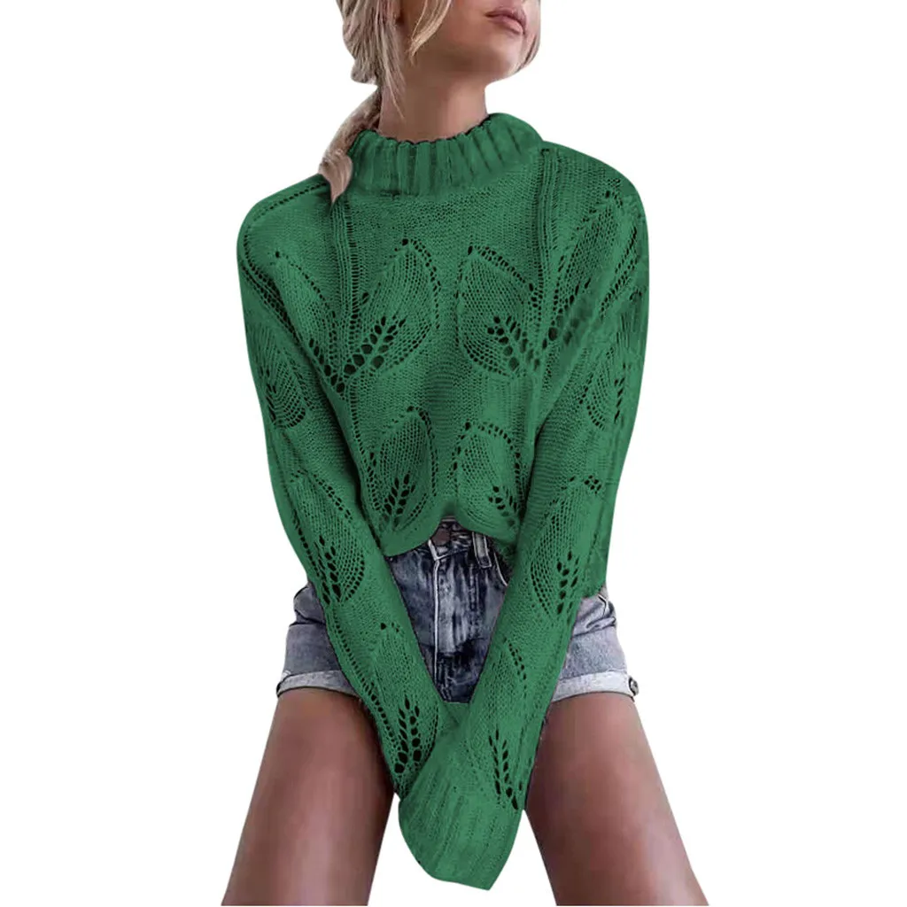 Свободный Женский Повседневный свитер с высоким воротником, пуловер, свитер с длинным рукавом, однотонный простой свитер, ажурный свитер, Новинка