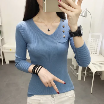 

Lucyever Fashion V-neck Knitted Sweater Women Wild Elastic Long Sleeve Sweaters Ladies Spring Casual Solid Color Pullovers Woman