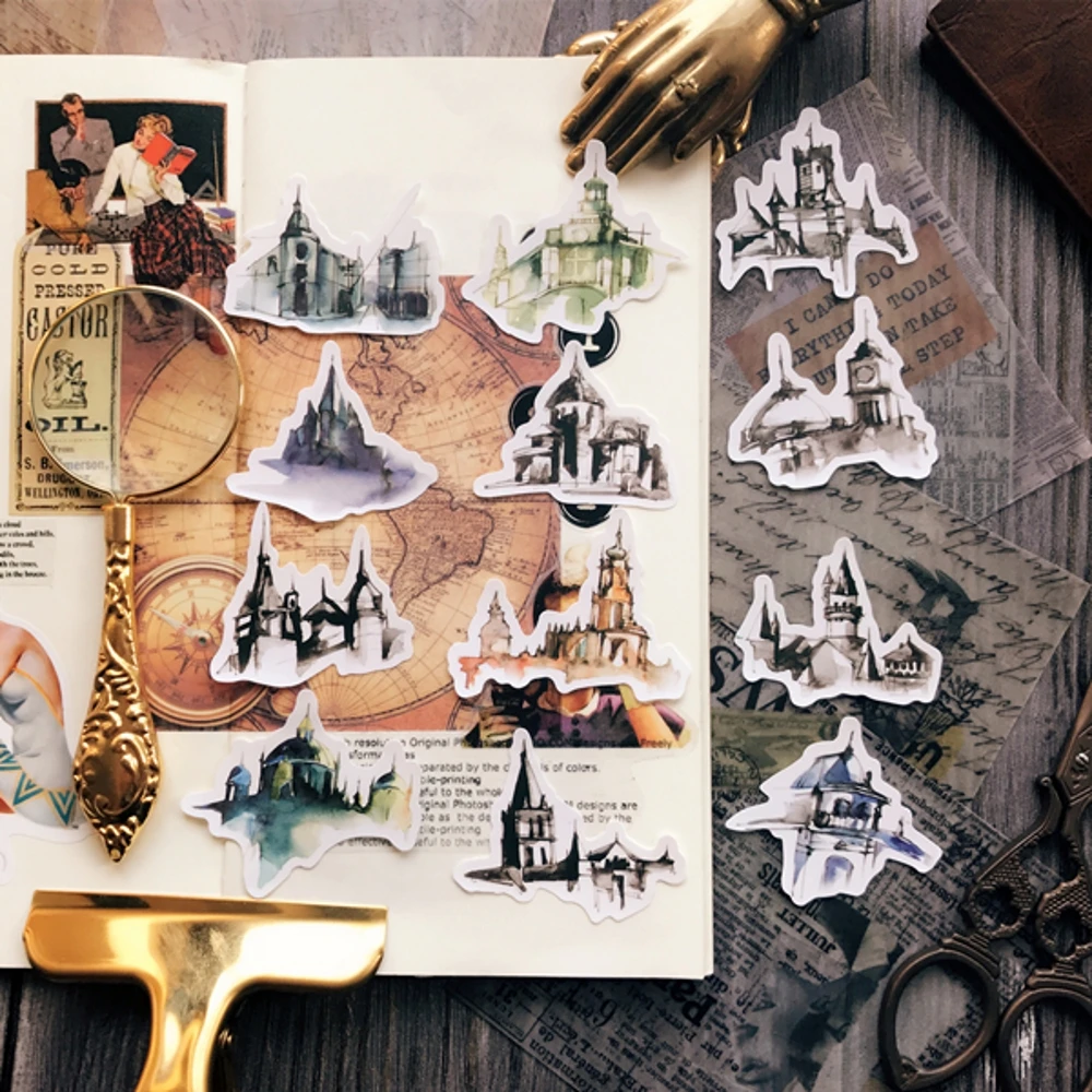 

12Pcs/Set Travel Vintage Gothic Architecture Sticker DIY Craft Scrapbooking Album Junk Journal Planner Decorative Stickers