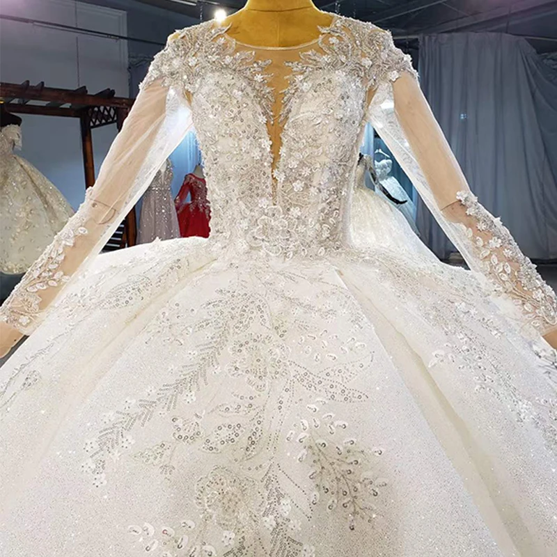 HTL2049 Elegant Extravagant Sequin Crystal Pearls Wedding Dress 2021 Sexy V-Neck Long Sleeve Lace Up Back 3