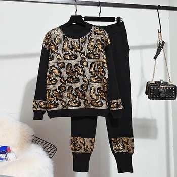 

Sequins Knitted Set Female Long sleeve Sweater Knitting Long Pants 2pc Set Women Casual Loose Tracksuit Knit Two Piece Outfits