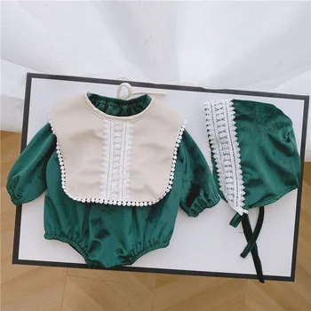 

New Autumn Baby clothes Newborn Baby girls clothes cute Long sleeve 2 color bodysuits with bib hat infant Boys clothing