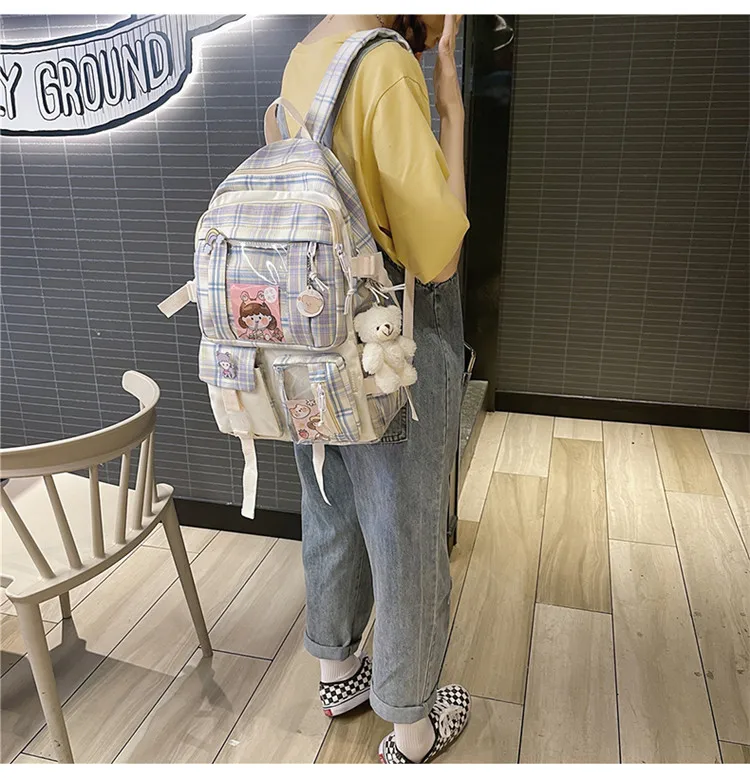 Kawaii College Style Canvas Grid Backpack - Limited Edition