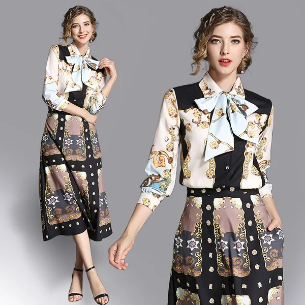 

Stitching printed bohemian A-line 2019 autumn fashion new women's dress Fashionable women's bow-neck print dress