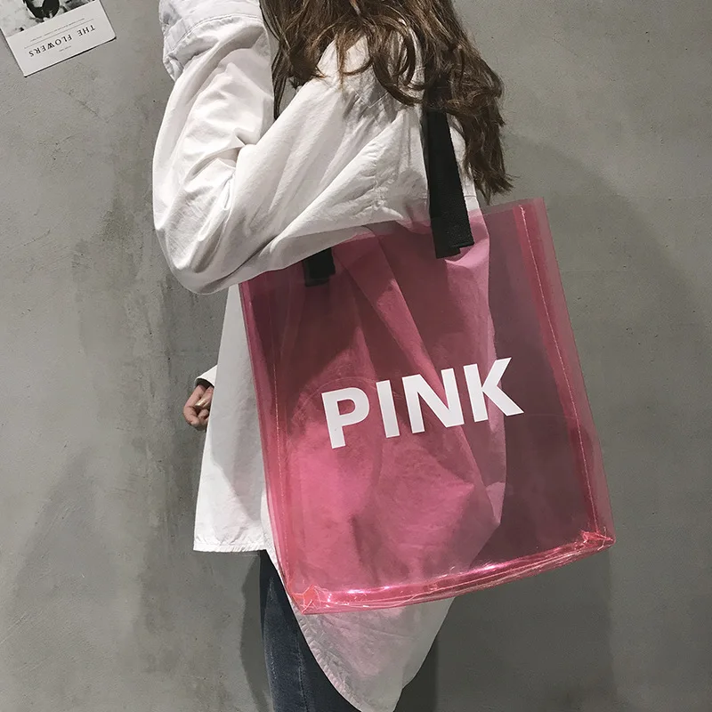 

Women PVC Letter Large Handbag Korean Candy Color Laser Bucket Shoulder Bag Summer Waterproof Jelly Clear Beach Bag For Travel