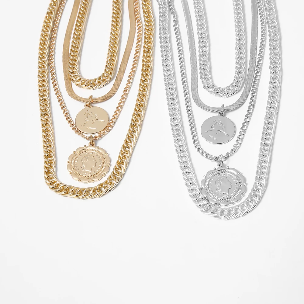 Vintage Boho Fashion Multilevel Thick Chain Necklaces For Women Gold Color Human Head Coin Pendant Necklace Jewelry fashion necklace pendant necklaces pendant necklace metal necklace statement necklace