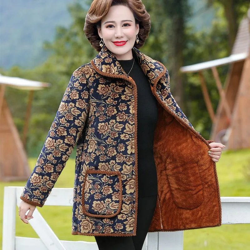 Women Plus Velvet Thicken Parker Coat Fashion Printi Mother Wear Warm Quilted Jacket New Elegant Winter Jacket Outewear Female