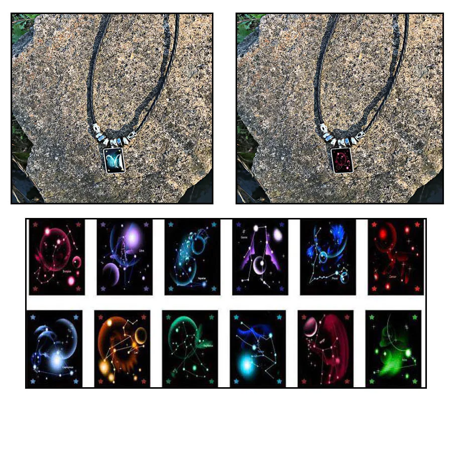 New Luminous Starry Sky 12 Constellation Necklace Pu Rope Rectangular Crystal Beaded Jewelry Fashion Trend Men's Necklaces Gifts |